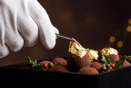 A white-gloved hand meticulously places a piece of gold foil onto a cocoa-dusted chocolate truffle using metal tweezers.の写真素材