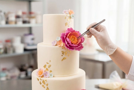 A gloved hand meticulously places a vibrant pink and orange sugar flower onto a three-tiered, light-colored fondant cake using precision tweezers.の写真素材