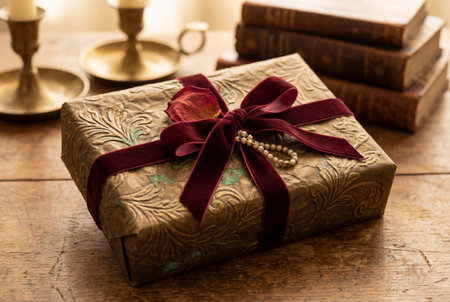 An ornate gift box, wrapped in gold-embossed paper with a dark red velvet ribbon and a string of pearls, rests on a rustic wooden table.の写真素材
