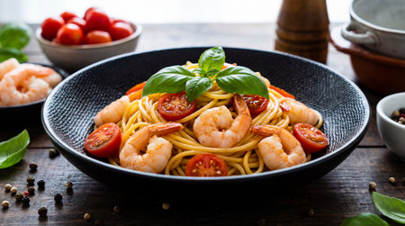 A dark ceramic bowl holds spaghetti pasta, cooked shrimp, halved red cherry tomatoes, and fresh green basil leaves.の写真素材