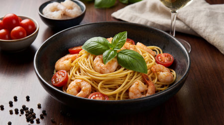 A dark ceramic bowl contains spaghetti pasta garnished with sautÃ©ed shrimp, halved red cherry tomatoes, and fresh green basil leaves.の写真素材