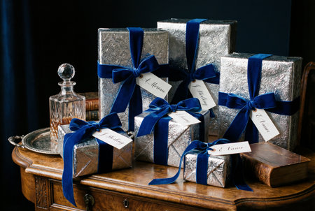Six silver-wrapped gift boxes, adorned with royal blue velvet ribbons and personalized gift tags, are arranged on a polished antique wooden table.の写真素材