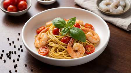 A white ceramic bowl contains spaghetti pasta tossed with cooked shrimp, halved red cherry tomatoes, and fresh green basil leaves, positioned on a dark wooden surface.の写真素材