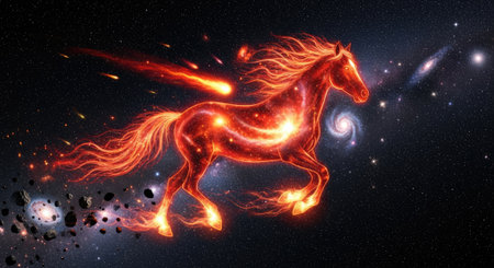 A celestial horse, rendered in vibrant fiery red and orange hues, gallops through a star-filled cosmos. Its body contains swirling nebulae and galaxies, while luminous mane and tail stream behind it.の写真素材