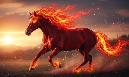 A powerful red horse gallops across a fiery landscape, its mane and tail ablaze with intense orange and yellow flames.の写真素材