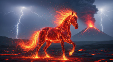 A majestic equine figure, composed of molten lava and glowing embers, traverses a volcanic landscape under a stormy sky with lightning.の写真素材