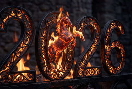 Ornate metal numbers '2026' featuring a rearing horse sculpture engulfed in flames, replacing the '0'.の写真素材