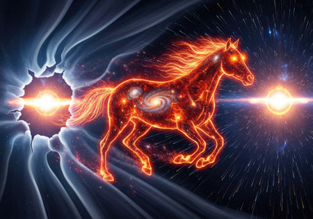 A vibrant, cosmic red fire horse gallops through a star-filled galaxy, its body infused with swirling nebulae and celestial light.の写真素材