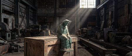 A verdigris-patinated statue of a seated figure, possibly Christ, covered in cobwebs, rests on a wooden crate in a vast, abandoned industrial building.の写真素材