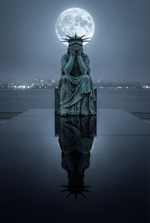 A seated statue, reminiscent of the Statue of Liberty, covers its face in despair. A full moon is positioned behind its head, with a blurred city skyline and water in the background.の写真素材