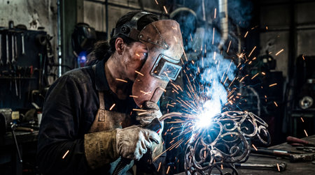 Welder joining metal components, wearing a protective helmet and gloves. Bright sparks and smoke...