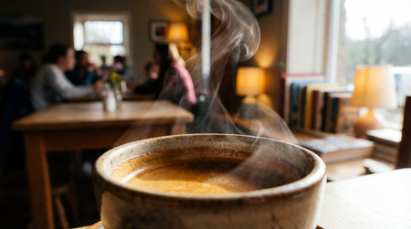 Close-up of a steaming ceramic coffee cup positioned on a wooden table. Blurred figures of people are conversing at other tables in the warm, softly lit cafe background, featuring lamps.の写真素材