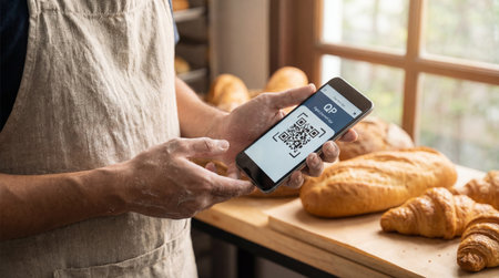 Person wearing a flour-dusted apron and holding a smartphone displaying a QR code for a digital...