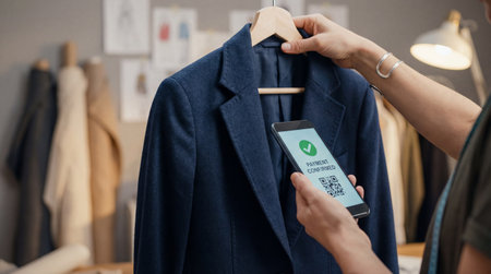 Hands holding a smartphone displaying a PAYMENT CONFIRMED screen with a QR code, positioned in front...