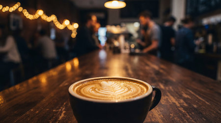 Close up of a dark mug holding a latte with intricate leaf-shaped latte art, positioned on a polished wooden bar. Blurred string lights and indistinct figures of patrons and staff illuminate.の写真素材