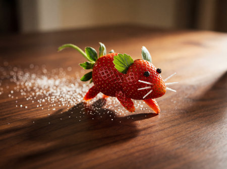 A creative food art figure resembling a mouse constructed entirely from a bright red strawberry sits on a rich, dark brown wooden table.の写真素材