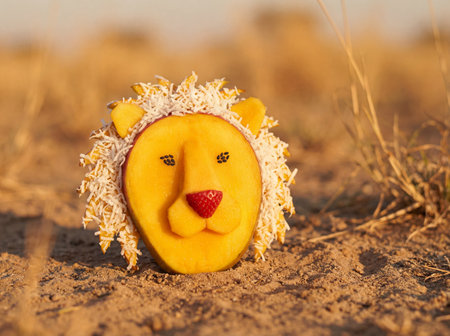 A creative food art piece resembling a lion's head rests directly on dry, cracked earth in a natural outdoor setting.の写真素材
