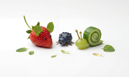 A playful arrangement features food art creations including a strawberry fashioned as a mouse with blueberry eyes and mint leaf ears, standing beside a small blueberry figure.の写真素材