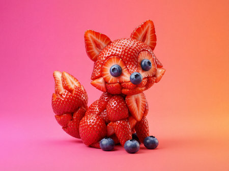 A whimsical animal figure constructed entirely from fresh fruit sits centered against a vibrant pink...