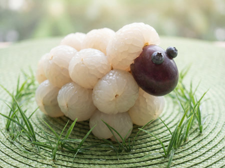 Peeled lychee fruits are meticulously stacked forming the body of a small sheep figure resting on a...