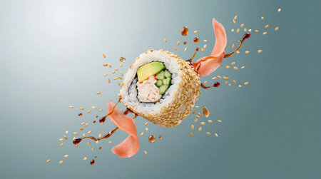 A vibrant California roll sushi floats in mid-air, surrounded by scattered sesame seeds, dripping soy sauce, and delicate pickled ginger slices. Food photography with copy space.の写真素材