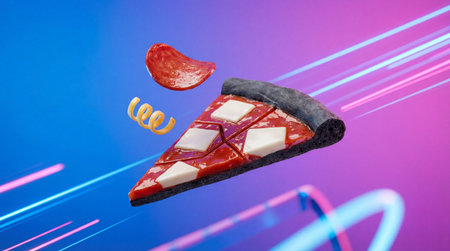 A modern pizza slice with black crust, red sauce, and white cheese floats. A pepperoni and yellow...