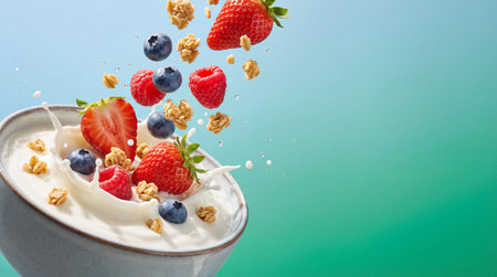 Fresh berries and granola splash into creamy yogurt in a bowl. This dynamic scene highlights healthy...