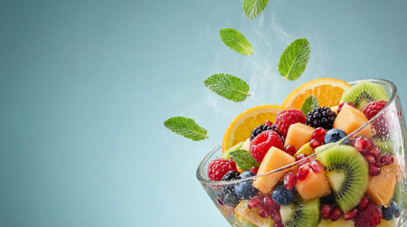 A glass bowl holds a vibrant fresh fruit salad with kiwi, raspberries, blueberries, and melon....