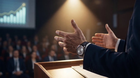 A professional speaker is actively gesturing with both hands while delivering a presentation on stage, illuminated by a bright spotlight.の写真素材