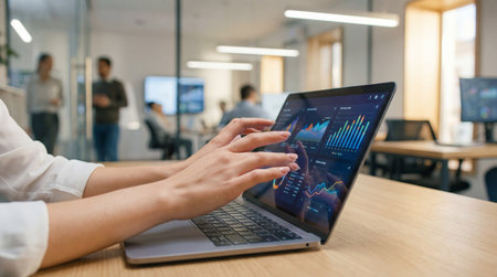 Close-up of a business professional's hands interacting with a laptop screen displaying various financial charts and data visualizations.の写真素材