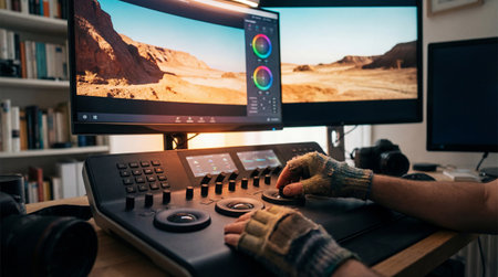 Gloved hands operate a professional color grading panel, fine-tuning desert landscape footage displayed on dual monitors. A camera rests on the desk, with bookshelves visible in the background.の写真素材