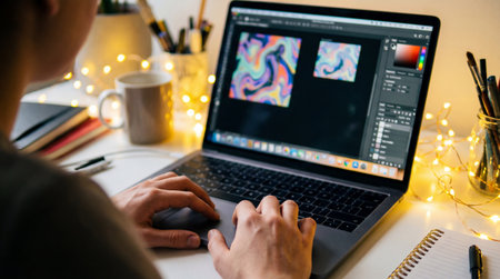 A person works intently on a laptop, hands positioned over the trackpad and keyboard. The screen displays vibrant, abstract swirling patterns within a graphic design application, showing a color.の写真素材