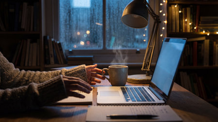 Person's hands typing on a laptop keyboard, reaching for a steaming mug of hot beverage on a wooden desk. Raindrops on the window create a cozy, focused atmosphere for work or study.の写真素材