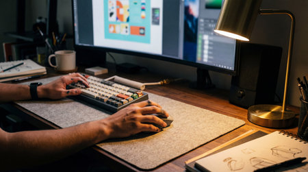 Person working at a desk, typing on a mechanical keyboard and operating a mouse, with a large monitor displaying colorful graphic design elements.の写真素材