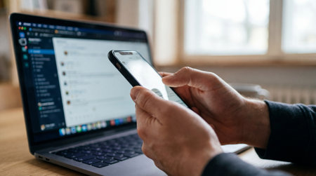 Person's hands holding a smartphone, actively engaging with the device. An open laptop sits on a...