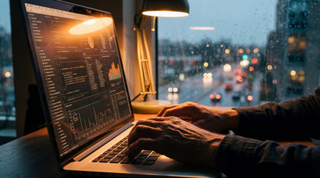 Hands typing on a laptop keyboard, the screen displaying programming code and data charts. A desk...