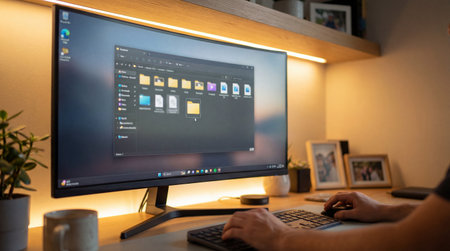 A person's hands are actively typing on a keyboard and operating a mouse, interacting with a large curved computer monitor.の写真素材