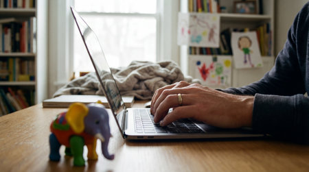 Man's hands typing on a laptop keyboard, resting on a light wooden desk. A colorful toy elephant sits in the foreground.の写真素材