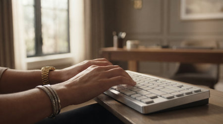 Hands typing on a white computer keyboard on a wooden desk. A gold watch and silver bracelets accessorize the wrists.の写真素材