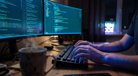Person typing on a backlit keyboard, intensely focused on two computer monitors displaying lines of code in a dimly lit room. A mug rests on the wooden desk, with a neon sign providing ambient light.の写真素材