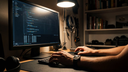 A person intently codes on a computer, their hands positioned on a compact keyboard and mouse. The monitor displays lines of code in a dark room, illuminated by an overhead desk lamp.の写真素材