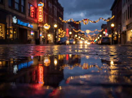 This atmospheric illustration captures a wet cobblestone street at night, reflecting vibrant neon signs and warm string lights. It creates a festive holiday mood.の写真素材