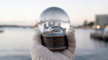 A gloved hand holds a Sydney snow globe, showcasing miniature Opera House and Harbour Bridge landmarks. Floating white flakes fill the globe, set against a softly blurred outdoor harbor backdrop.の写真素材