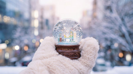A hand in a white fluffy glove holds a clear snow globe, showcasing a miniature Tokyo cityscape with buildings and a colorful bridge amidst artificial snow.の写真素材