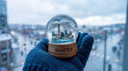 A hand wearing a warm blue knitted glove holds a Seattle snow globe, showcasing a miniature city skyline with the iconic Space Needle and other buildings.の写真素材