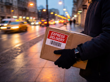 Person holding a brown cardboard box with a red 'EXPRESS DELIVERY' label, wearing a dark jacket and black gloves.の写真素材