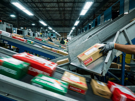 Packages labeled PRIORITY and EXPRESS move swiftly along multiple conveyor belts in a busy industrial sorting facility.の写真素材