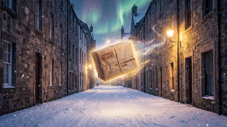 A glowing delivery package floats down a snow-covered street at night. Old stone buildings line the...