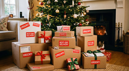 Numerous cardboard boxes and festive gifts, many marked with 'URGENT!', 'PRIORITY', and 'NEXT-DAY...