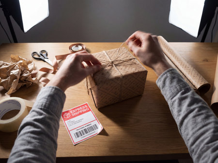 Person's hands meticulously tying natural twine around a brown paper-wrapped package, preparing it for shipment.の写真素材